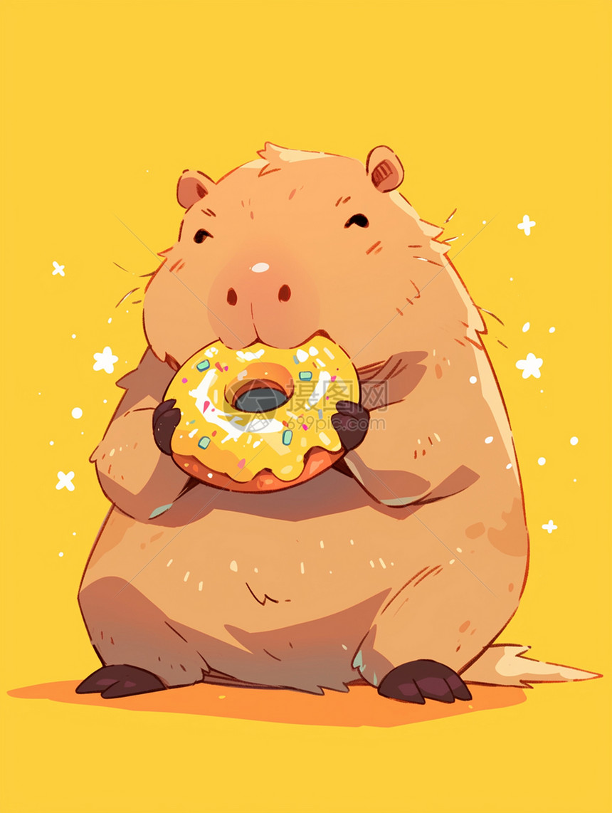 正在开心吃甜甜圈的卡通小动物图片