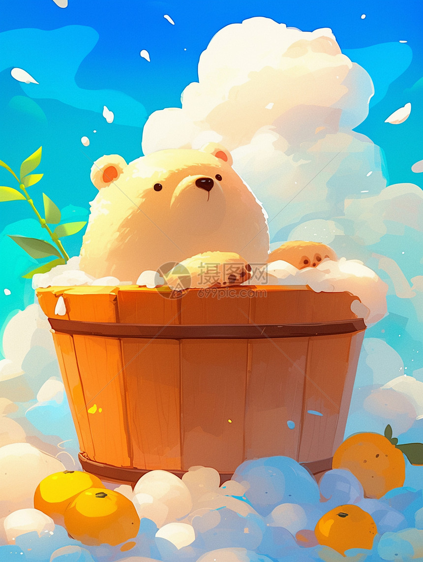 在天空中木桶里悠闲泡澡的卡通小棕熊图片