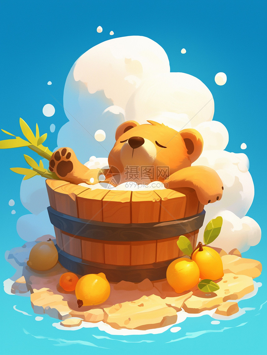在天空中木桶里泡澡的卡通小棕熊图片