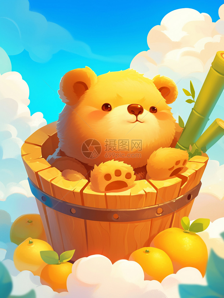 在天空中木桶里悠闲泡澡的卡通棕熊图片