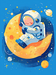 宇航员在月亮上太空中一个可爱的卡通宇航员在月亮旁插画