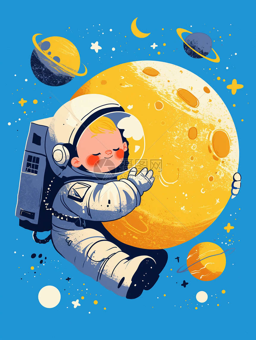 太空中一个卡通宇航员在月亮旁图片