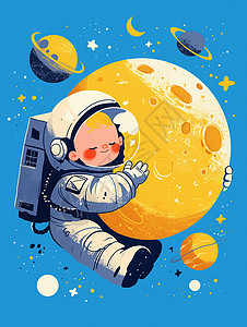 宇航员在月亮上太空中一个卡通宇航员在月亮旁插画