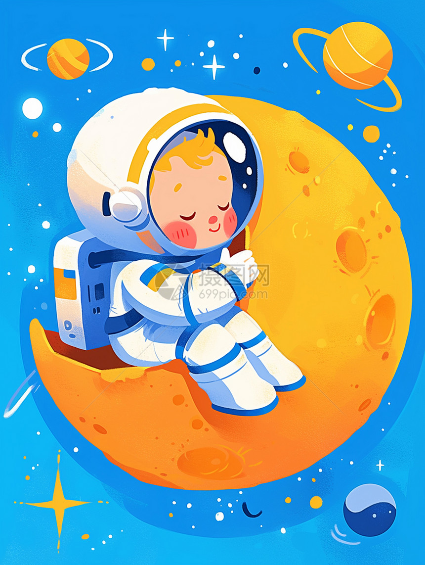 太空中一个可爱的卡通宇航员在月亮旁边图片