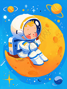 黄色圆形月亮太空中一个可爱的卡通宇航员在月亮旁边插画