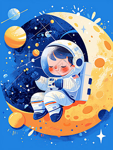 太空中一个卡通宇航员在月亮旁边高清图片