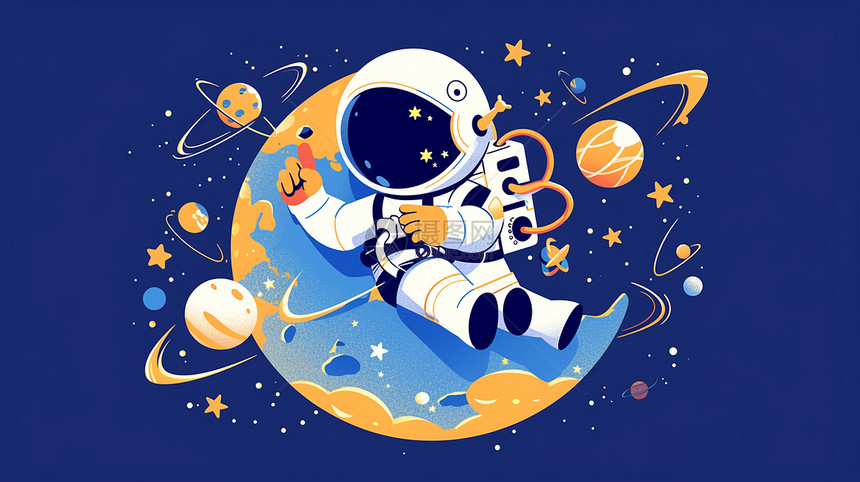 穿宇航服在梦幻太空中遨游的卡通宇航员图片
