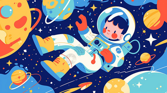 身穿宇航服在太空中遨游的卡通宇航员插画
