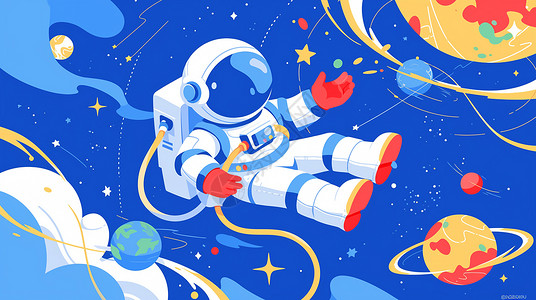 T太穿宇航服在太空中遨游的卡通宇航员插画