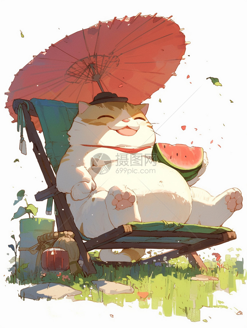 夏天躺在椅子上吃西瓜的卡通胖乎乎的猫图片