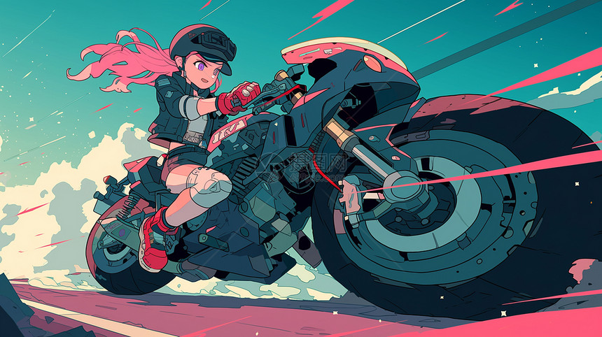 骑着大摩托帅气的卡通女孩图片