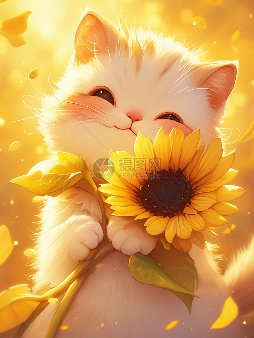 拿一大朵太阳花的卡通猫图片