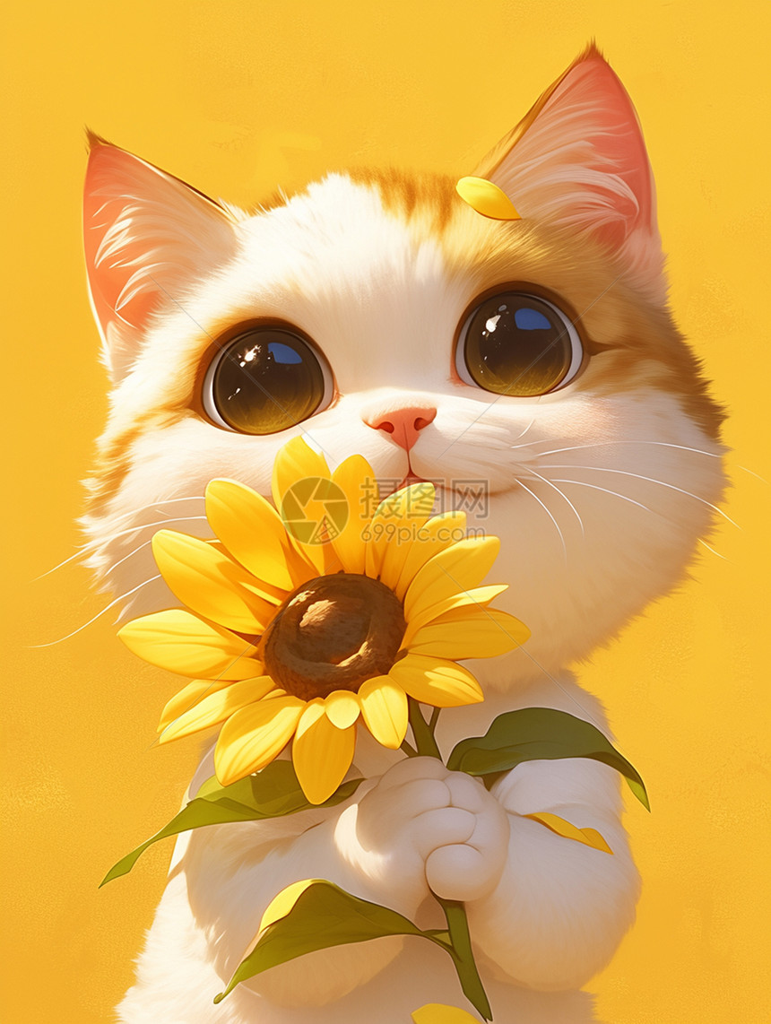 手拿一大朵向日葵的卡通猫图片