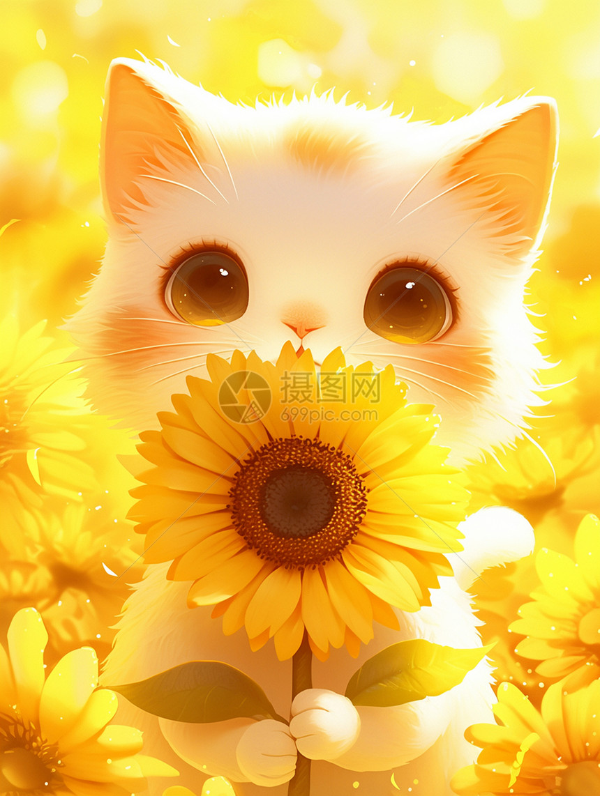 拿一大朵太阳花的卡通小猫图片