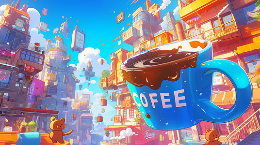咖啡滤杯科幻卡通城市中一大杯卡通咖啡插画