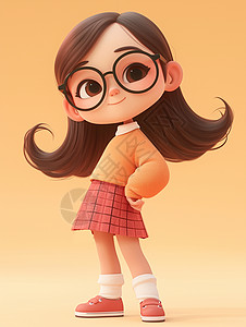 心型眼镜小女孩戴着黑框眼镜穿着短裙的可爱卡通小女孩插画