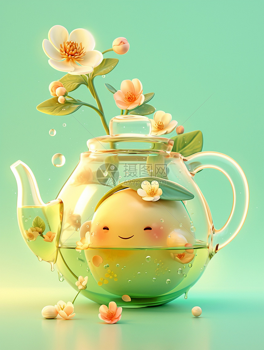 透明卡通茶水壶中一个小可爱在泡澡图片