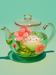玻璃壶透明卡通水壶中一个小可爱在泡澡插画
