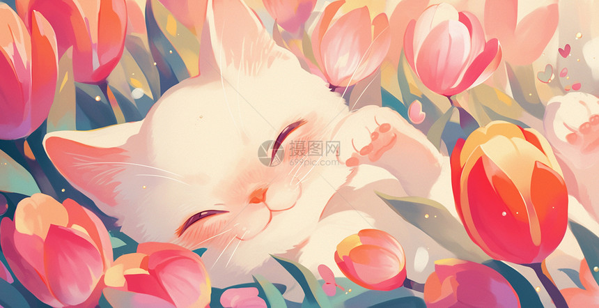 在美丽的郁金香花丛中一只可爱的卡通小猫图片