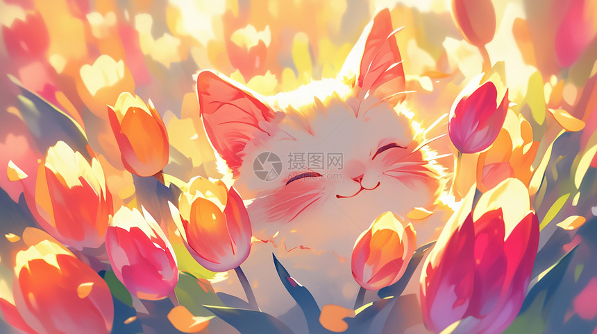 美丽的郁金香花丛中一只可爱的卡通小猫图片