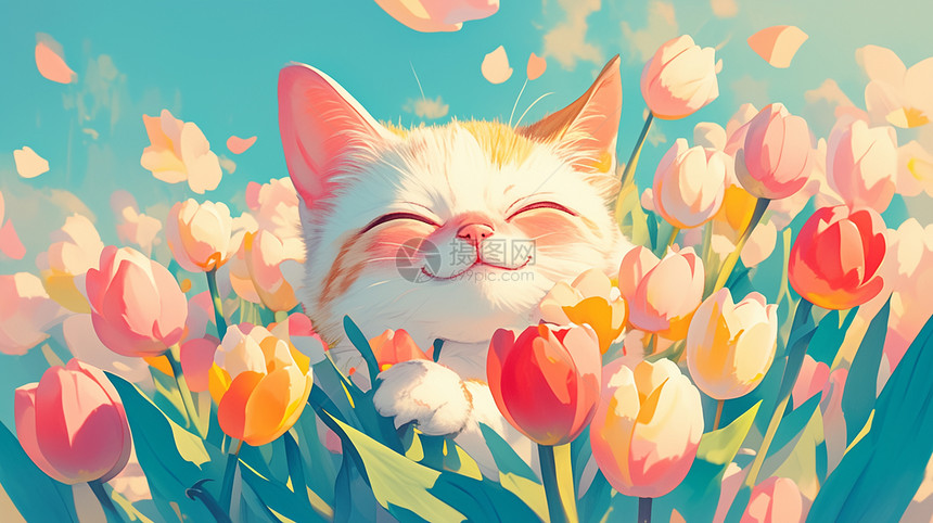 美丽的郁金香花丛中一只卡通小猫图片