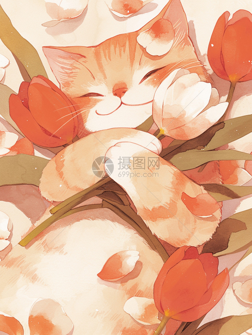 在美丽的郁金香花中一只可爱的卡通小猫图片
