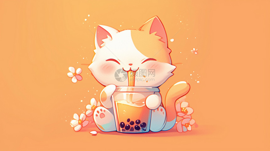 抱着一大杯奶茶正在喝的可爱卡通小猫图片