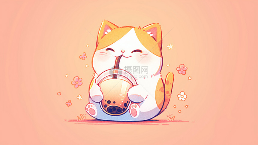 抱着一杯奶茶正在喝的可爱卡通小猫图片