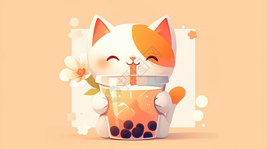 茶博园抱着奶茶正在喝的可爱卡通小猫插画