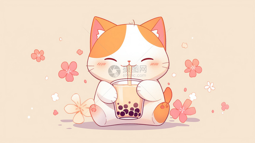 抱着一大杯奶茶喝的可爱卡通小猫图片