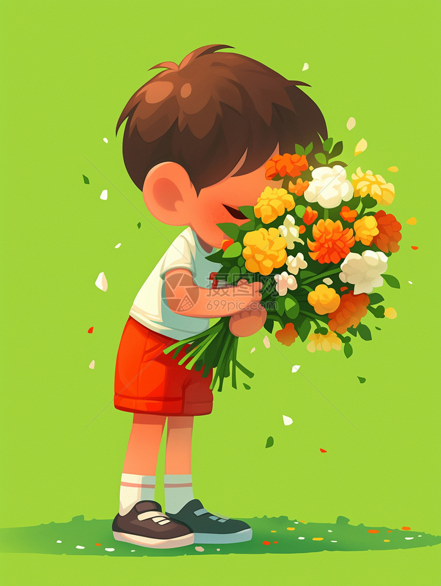夏天抱着一大束花朵的可爱卡通小男孩图片