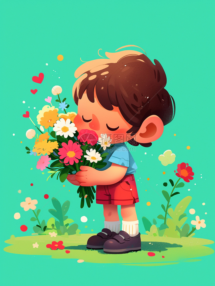 夏天抱着一束花朵的可爱卡通小男孩图片