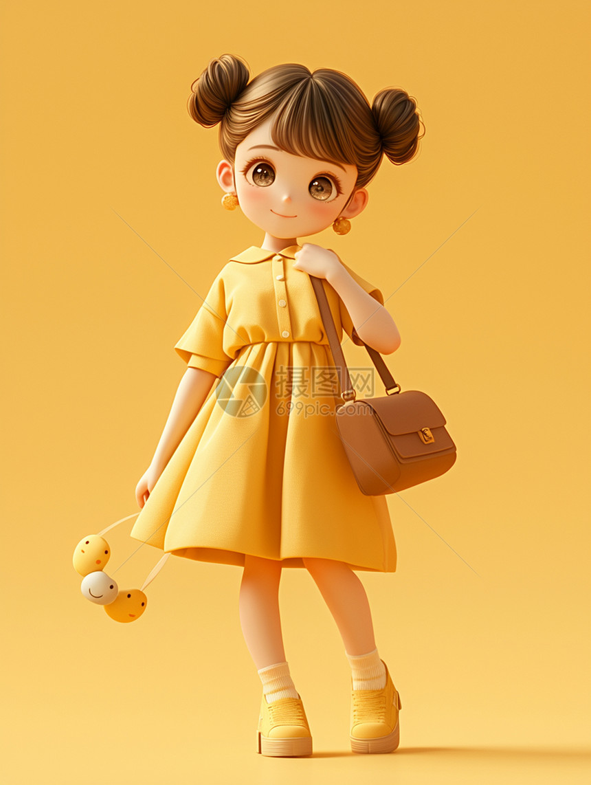 身穿黄色连衣裙背着斜挎包的可爱卡通小女孩图片