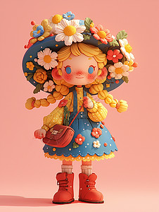 头上戴着大大的花朵草帽身穿花朵裙子的卡通卷发小女孩高清图片