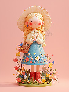 粉色半身裙头上戴着大大的花朵草帽身穿蓝色花朵裙子的卡通卷发小女孩插画