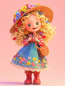 头上戴着花朵草帽身穿蓝色花朵裙子的卡通卷发小女孩高清图片