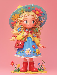 跪着小女孩头上戴着大大的花朵草帽身穿蓝色花朵裙子的卷发小女孩插画
