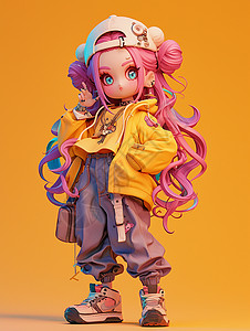 软包背景粉色头发装扮时尚的女孩头上棒球帽插画