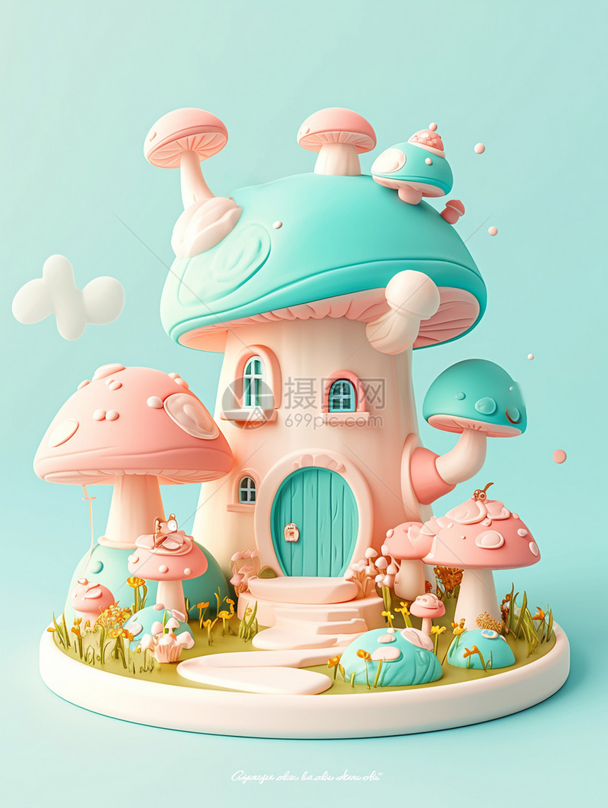 浅色系梦幻童话般的卡通蘑菇屋图片