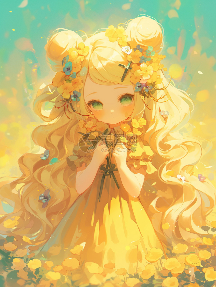金色长发漂亮卡通小公主头上花朵图片