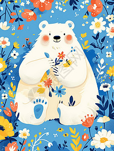花丛中大大的可爱小白熊背景图片