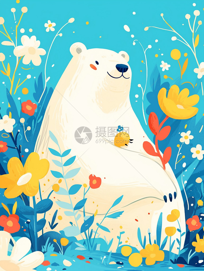 花丛中大大的可爱卡通白熊图片