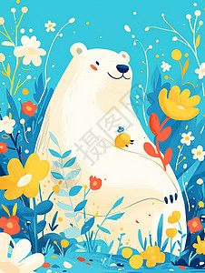 花丛中大大的可爱卡通白熊背景图片