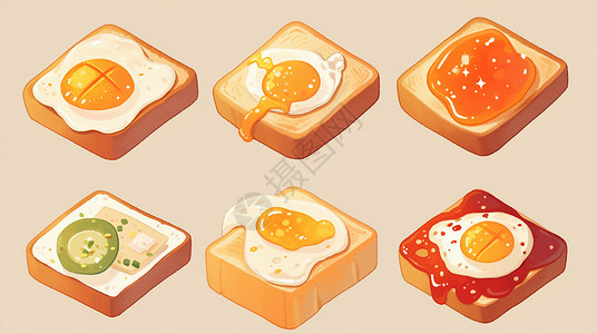 多个鸡蛋各种味道美味的卡通面包片插画