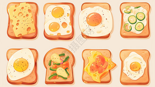 笨鸡蛋面包片上放着美味的鸡蛋与食材插画
