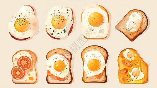 多个鸡蛋面包片上放着各种鸡蛋与食材插画