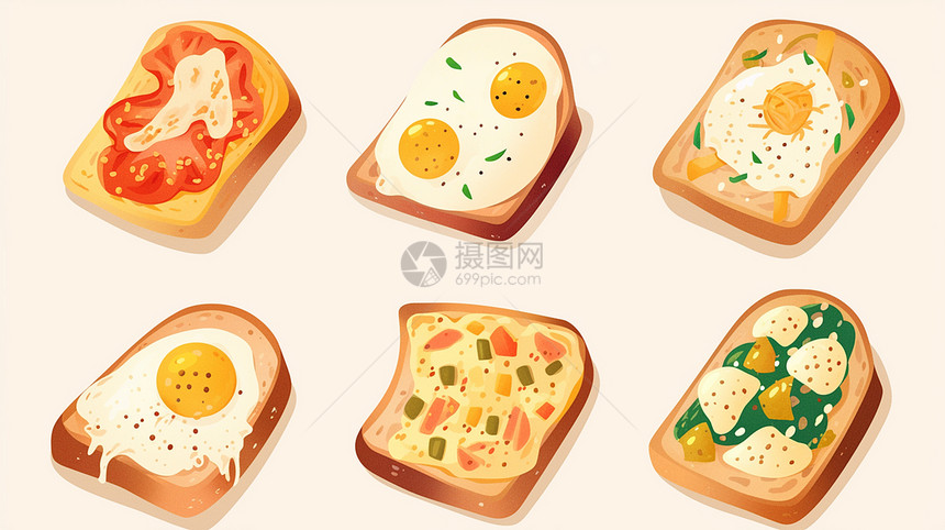 面包片上放着各种美味的鸡蛋与食材图片