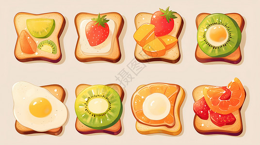 添加了各种食材的面包片早餐高清图片