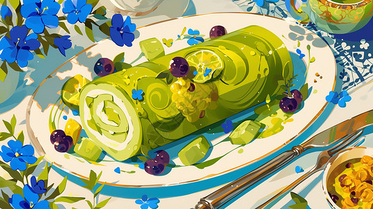 绿色毛巾放在盘子中美味的抹茶味毛巾卷蛋糕插画