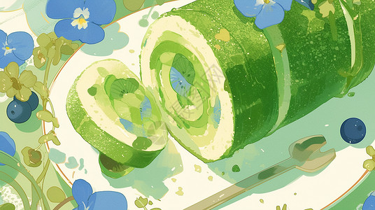 绿色毛巾盘子中美味的抹茶味卡通毛巾卷蛋糕插画